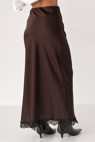 Сатинова довга спідниця з розрізом - коричневий цвет, L (є розміри) | Зображення 1