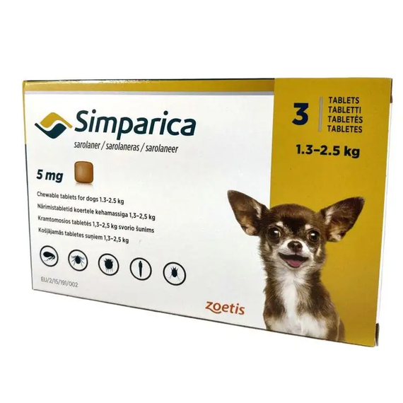 Пігулки для собак Сімпаріка Zoetis від 1,3 до 2,5 кг, 1 шт.
