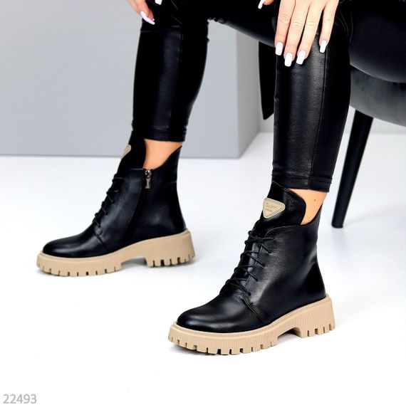 Крутые повседневные черные ботинки натуральная кожа на бежевой подошве | Зображення 6