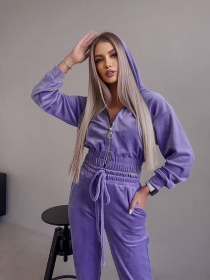 Женский спортивный велюровый костюм с укороченной кофтой LM10364 цвет фиолетовый, размер 46/48 | Зображення 2
