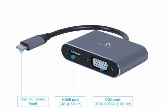 Адаптер-перехідник USB-C на HDMI/VGA Cablexpert A-USB3C-HDMIVGA-01 | Зображення 1