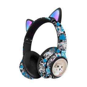 Бездротові навушники з вушками Графіті LED AKZ-37 Чорні з блакитним