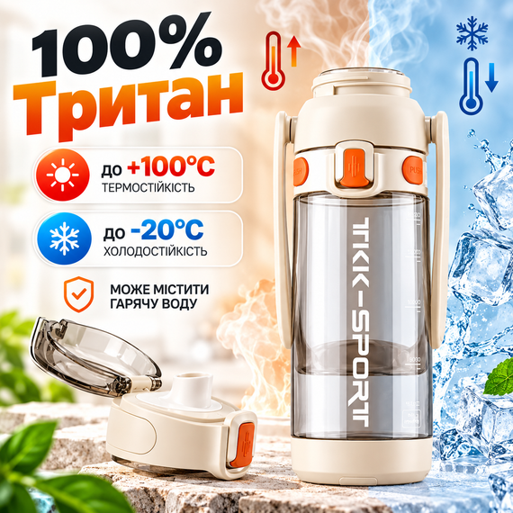 Бутылка для воды TKK 1400 мл белая спортивная из тритана BPA Free, ударопрочная, с трубочкой, ручкой и ремешком | Зображення 3