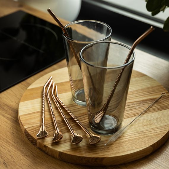 Набор многоразовых ложек-трубочек 6 шт для напитков 19.5 см с щеткой для мытья из нержавеющей стали Бронзовый HP-20-55 | Зображення 3