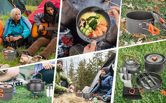 Набор туристической посуды Camping cooking со столовыми приборами 10 в 1  / Набор посуды для похода, пикника и рыбалки | Зображення 2