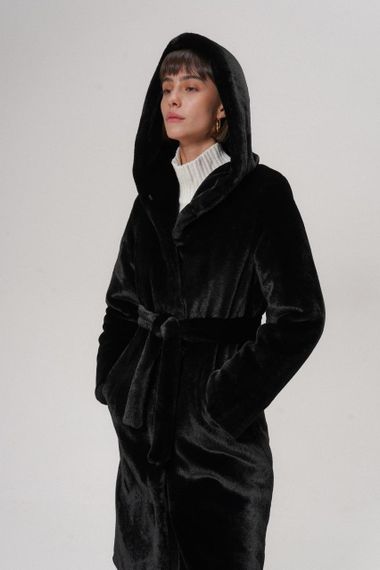 Эко-шуба Maxi с капюшона женская черная 110 см 2XL | Зображення 1