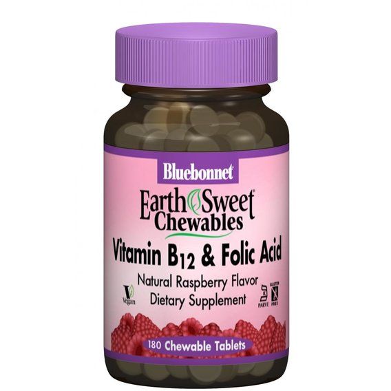 Фолієва кислота Bluebonnet Nutrition Earth Sweet Chewables Vitamin B12 & Folic Acid 180 Chewable Tabs Raspberry