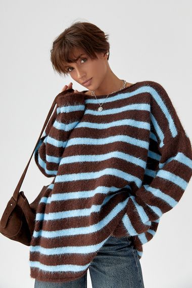 Тепла в'язана кофта oversize у смужку - коричневий цвет, ONE SIZE (є розміри)