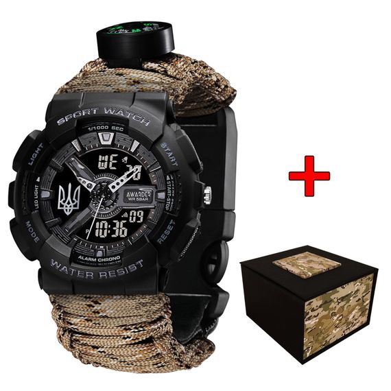 Чоловічий годинник Awarder 005 Тризуб срібло Black + Паракордовий ремінець Desert Camo