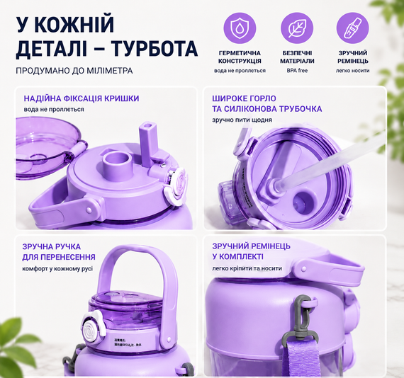 Детская бутылка для воды "Мишка" 1000 мл (1 л), фиолетовая, с трубочкой, ремешком и герметичной крышкой | Зображення 6