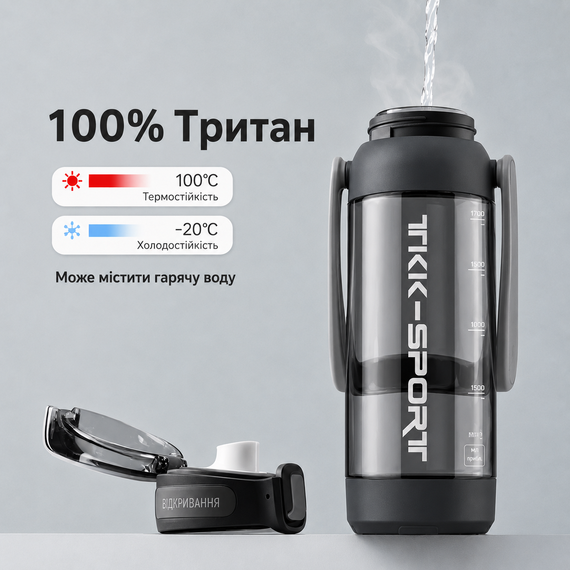 Бутылка TKK 1400 мл - Черная Tritan BPA-free, ударопрочная, спортивная с двойной системой переноски | Зображення 9
