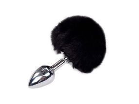 Металева анальна пробка Кролячий хвостик Alive Fluffy Plug S, Чорний