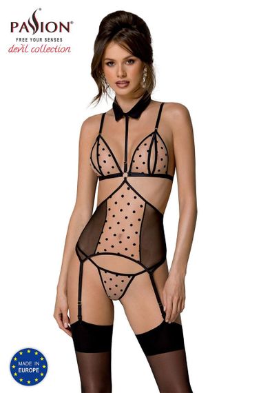 Корсет з відкритими грудьми Passion DOMINICA CORSET S/M beige, пажі для панчіх, стрінги Sex Aura