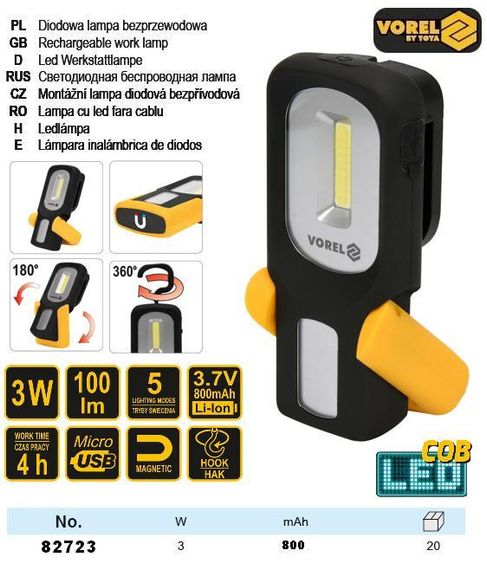 Фонарь COB LED Польша 3 Вт аккумулятор Li-Ion 5 режимов VOREL-82723 | Зображення 4