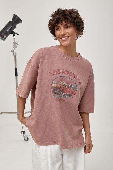 Футболка в стилі тай-дай із принтом авто - пудра цвет, ONE SIZE (є розміри) | Зображення 1