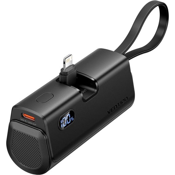 УМБ Vention 4800mAh 22,5W PD, USB-C In/Out, LED display, with built-in Lightning cable Black | Зображення 3