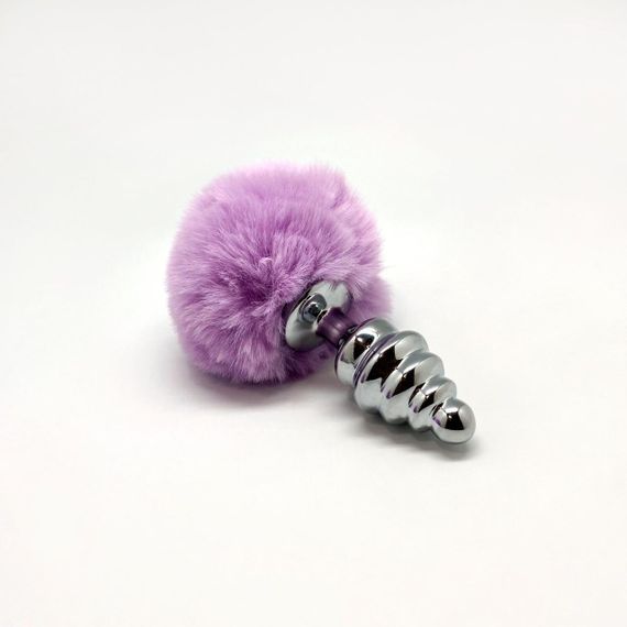 Металева анальна пробка Кролячий хвостик Alive Fluffy Twist Plug M Purple, діаметр 3,4 см Sex Aura | Зображення 1