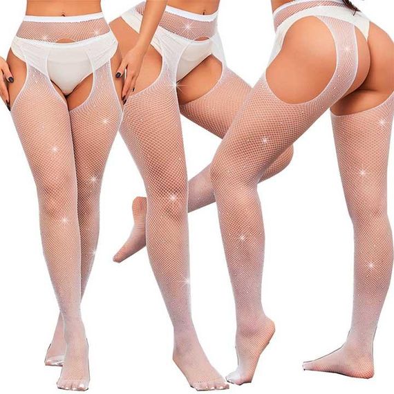 Колготки Very Sexy Shine з відкритим доступом і стразами — Білий — XS/S/M (1/2/3) — Еротична білизна | Зображення 4