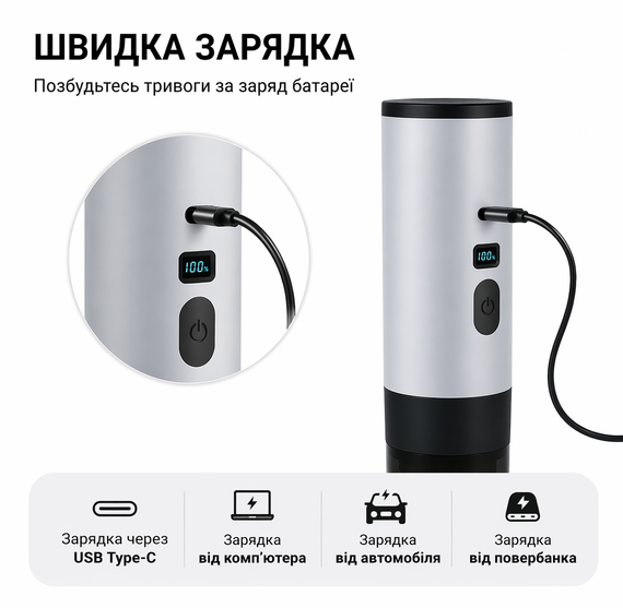 Портативна кавоварка з підігрівом 18 бар, акумулятором 7800mAh та підтримкою капсул і меленої кави сіра | Зображення 4
