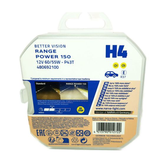 Комплект галогенових ламп Narva H4 12V 60/55W P43T-38 RANGE POWER +150% 2pcs/set | Зображення 1