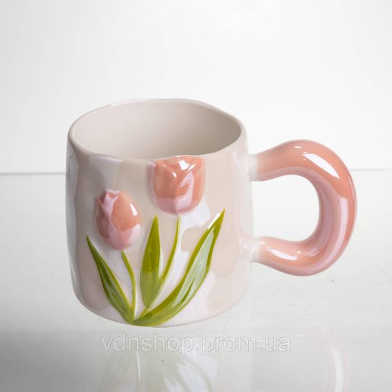 Новорічна порцелянова чашка для чаю та кави "Ніжний Тюльпан" з 3D-декором 400 мл, святкова кружка чашка на подарунок Рожевий | Зображення 2