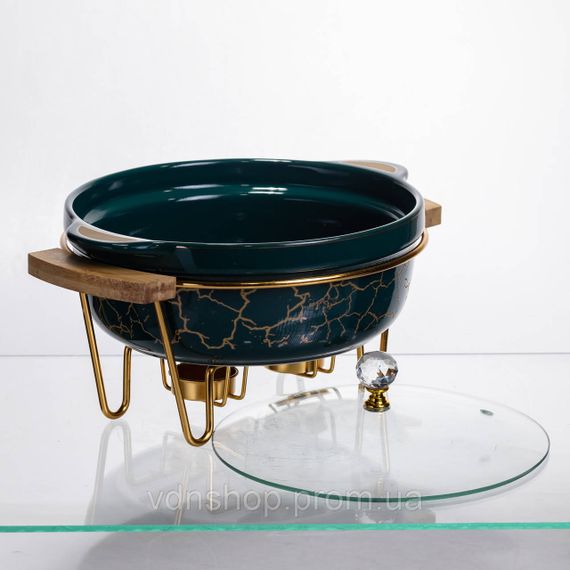 Марміт порцеляновий настільний круглий 1.3 (л) з підігрівом Зелений мармур LC-714 | Зображення 1