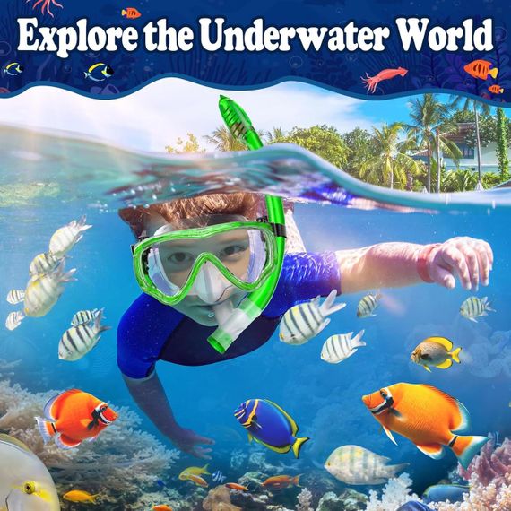 Дитячий набір для снорклінгу з трубкою, маска для підводного плавання, дайвінгу з захистом від запотівання, зелена | Зображення 1