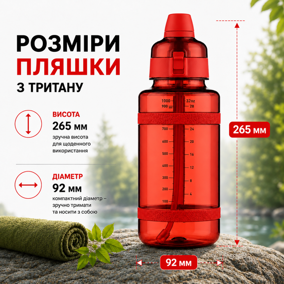 Спортивная бутылка для воды 1000 мл из тритана с соломинкой, Красная - Ударопрочная и без BPA | Зображення 2