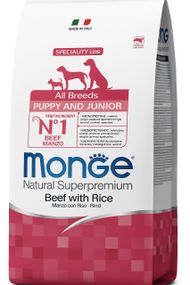 Сухий корм з яловичиною для цуценят Monge Monoprotein All breeds Puppy & Junior Manzo, 15 кг