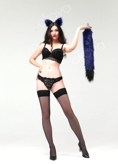 Анальний хутряний хвіст без пробки, Синій з чорним кінчиком, OKOVA 60 см. sexstyle | Зображення 3