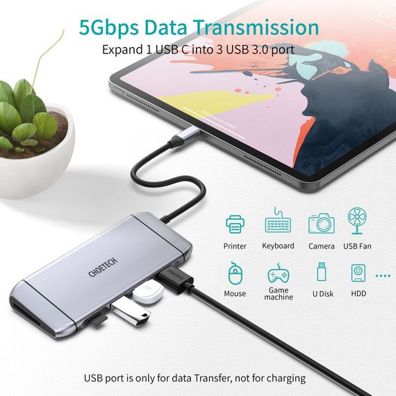 Адаптер Choetech HUB-M15-GY, USB Type-C 9-в-1 | Зображення 8