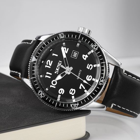 Чоловічий годинник Skmei 9232LSIBK Silver-Black Leather | Зображення 2