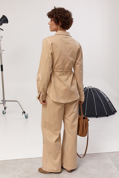 Котоновий вільний костюм із сорочкою на кнопках та прямими штанами - світло-коричневий цвет, ONE SIZE (є розміри) | Зображення 1