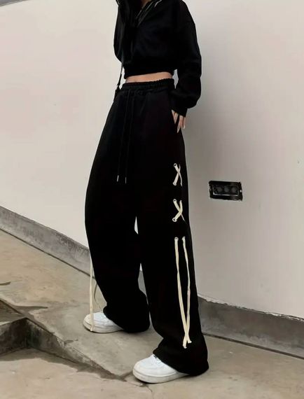 Женские свободные штаны палаццо со шнуровкой по бокам HI2726 цвет черный, размер onesize 42/46 | Зображення 6