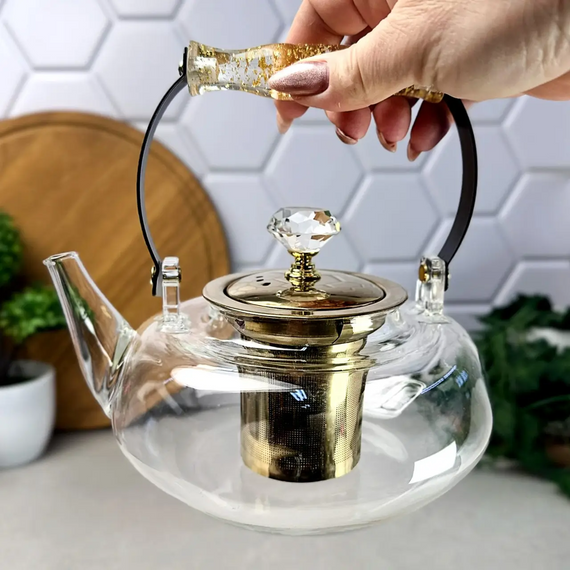 Стильный стеклянный чайник Oolong GK-5813 1 л с золотистыми элементами и удобным заварочным фільтром Прозрачный | Зображення 6