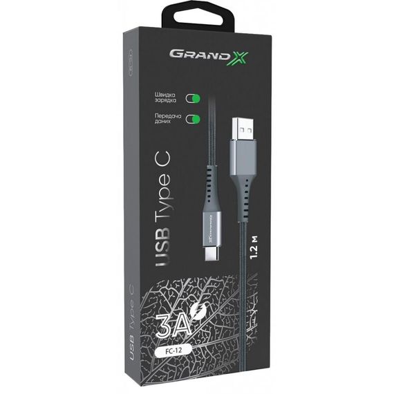 Дата кабель USB 2.0 AM to Type-C 1.2m Grey Grand-X (FC-12G) | Зображення 3