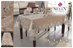 Велюровая скатерть с ранером Selin Beyza Set 160×350+12 салфеток Бежевая