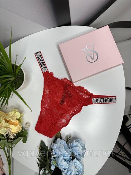 Женские кружевные трусики Бразилиана Victoria's Secret со стразами, женские трусики с кружевом и стразами Виктория Сикрет XL, Красный | Зображення 4