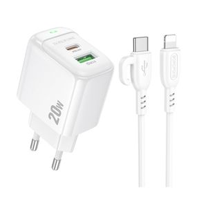 Мережевий зарядний пристрій Borofone BAS44A 1USB-C/1USB PD/QC 20W+Type-C to Lightning