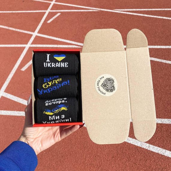 Подарочный набор бокс патриотичных мужских носков в коробке размер 40-45 3 пары цвет черный ч3укр0002 | Зображення 1