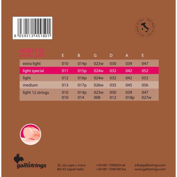 Струни для акустичної гітари Gallistrings AGB1152 (.011-.052), ProCoated, LIGHT SPECIAL, Bronze