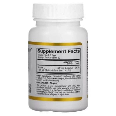 Витамин California Gold Nutrition Витамин D3, 2000 МЕ, Vitamin D3, 90 капсул из рыбьего желатина (CGN-01179) | Зображення 1