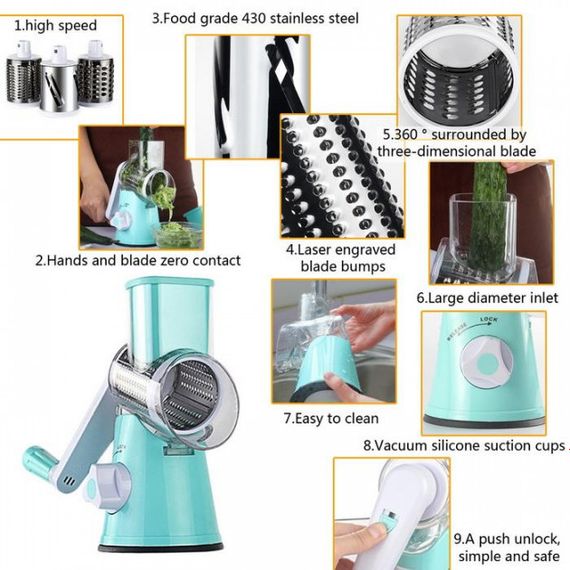 Овочерізка мультислайсер Tabletop Drum Grater Kitchen Master Терка для овочів та фруктів 3 насадки. Колір: блакитний | Зображення 9