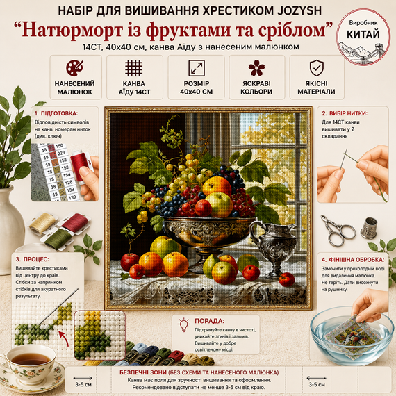 Набор для вышивки крестом JOZYSH "Натюрморт с фруктами и серебром" 14CT, 40x40 см, канва Аида с нанесенным рисунком | Зображення 1