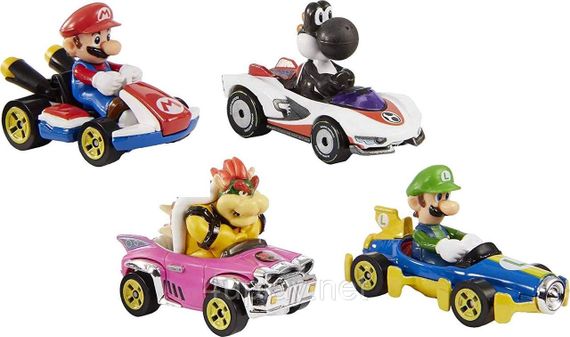 Hot Wheels Mario Kart Characters and Karts. Хот Вілс набір машинок Маріо Карт, 4шт.: Маріо, Луїджі, Баузер, Йоші | Зображення 1
