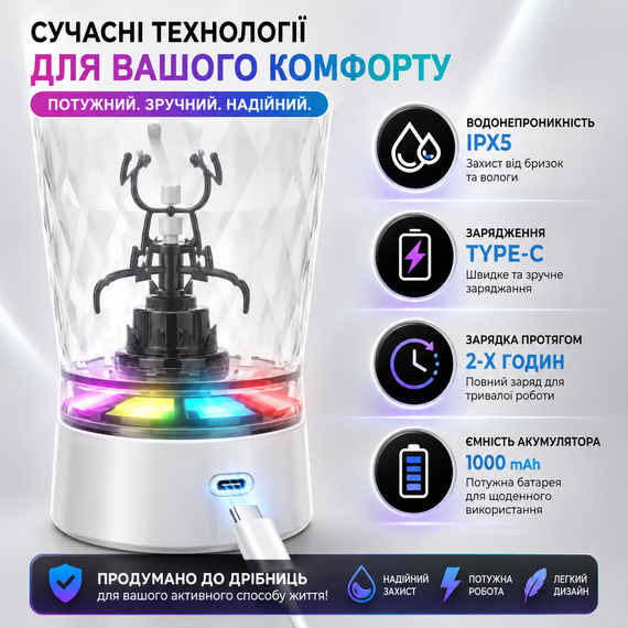 Электрический шейкер 650 мл — Белый, аккумуляторный с LED-подсветкой и контейнером для смеси | Зображення 4