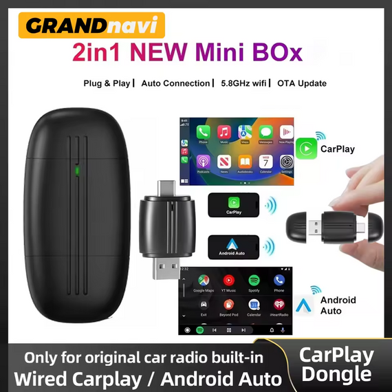 Адаптер 2 в 1 бездротовий CarPlay Android Auto USB Type-C Mini Box Універсальний | Зображення 1