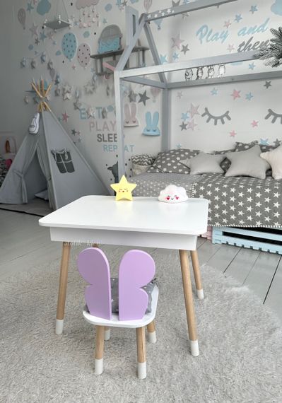 Дитячий столик білий і стільчик фіолетовий метелик. Столик із нішею для олівців і розмальовок | Зображення 4