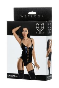 Боді Glossy Katherin з матеріалу Wetlook на шнурівці, чорне - XL Sex Aura