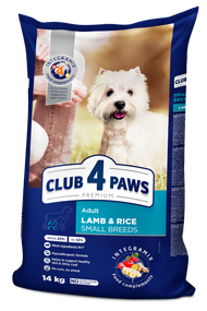 Клуб 4 Лапи ПРЕМІУМ "ЯГНЯ ТА РИС" ДЛЯ ДОРОСЛИХ СОБАК МАЛИХ  ПОРІД. ПОВНОРАЦІОННИЙ СУХИЙ КОРМ. 14 кг